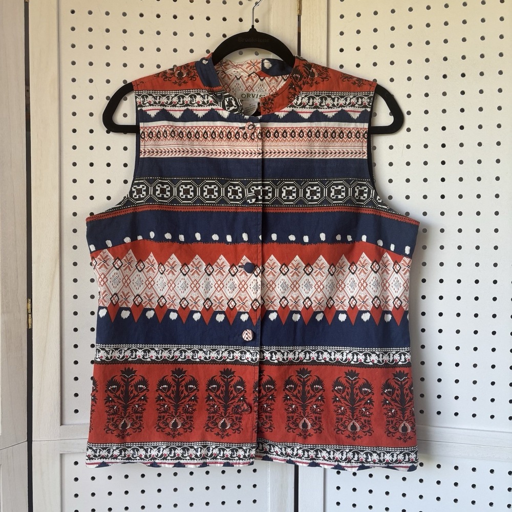Orvis Cotton Vest Blue Orange Aztec Western All Over Print Button Women's Small